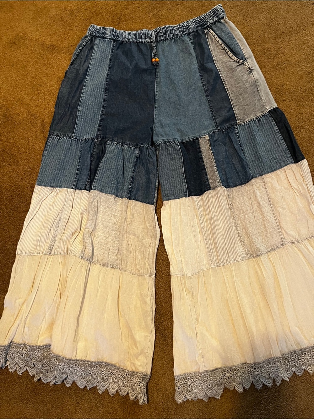 NWT Young Threads Patchwork Denim & Cream Tiered Wide-Leg Jeans with Lace Trim
